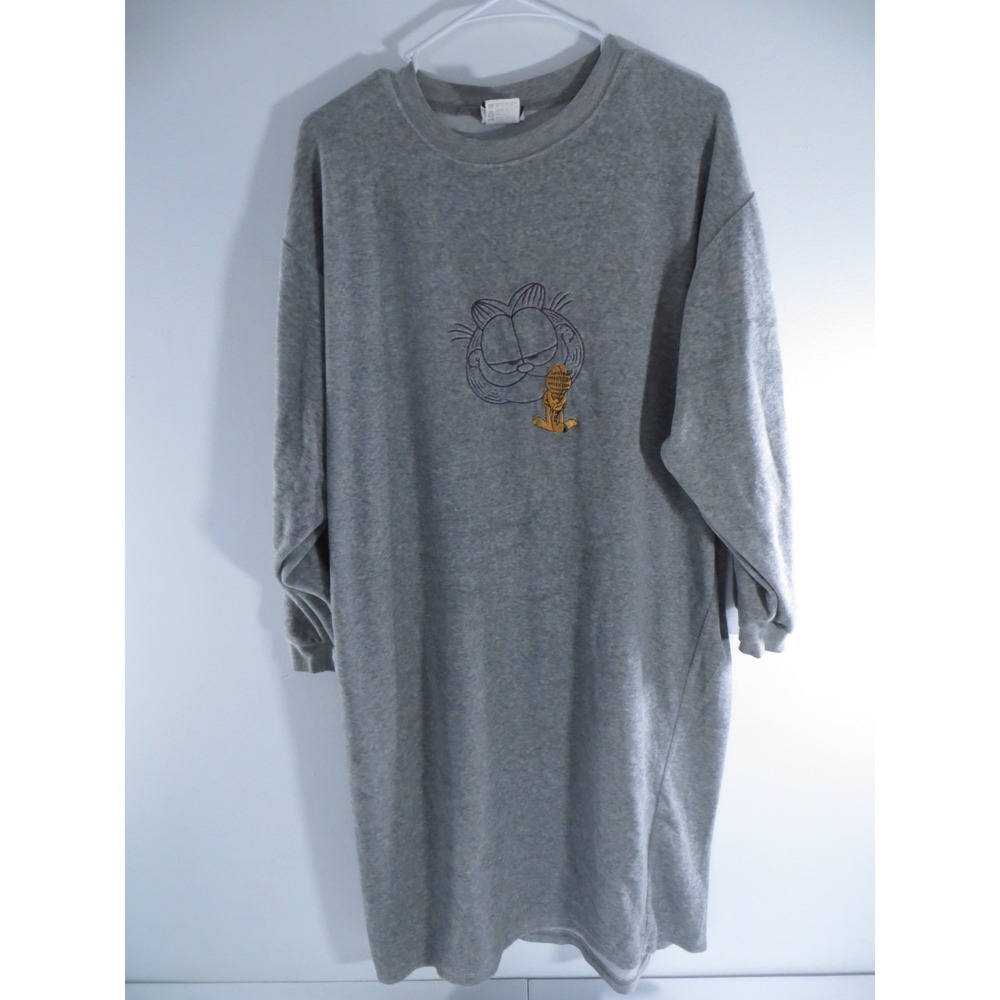 Vintage Garfield Extra Long Gray Super Soft Embroidered Sleep Shirt Medium